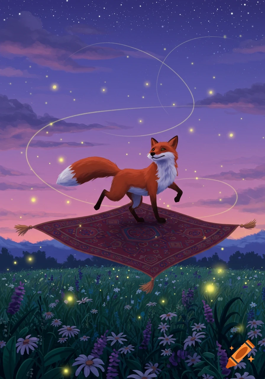 An illustrated red fox flies on a patterned magic carpet over a field of wildflowers and fireflies under a starry, purple and pink twilight sky.