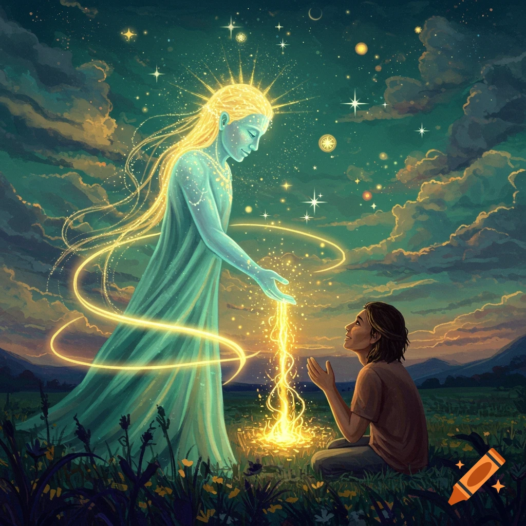An ethereal glowing figure transfers light to a kneeling person in a grassy field under a starry twilight sky, in a fantastical art style.
