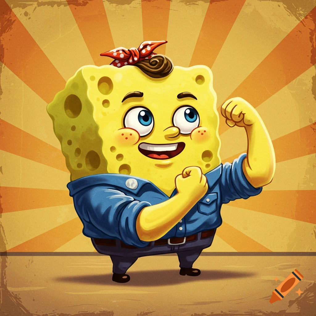 A cartoon square yellow sponge character, resembling Spongebob, flexing his arm in a Rosie the Riveter pose, wearing a blue shirt and red bandana, against a radial yellow and orange background.