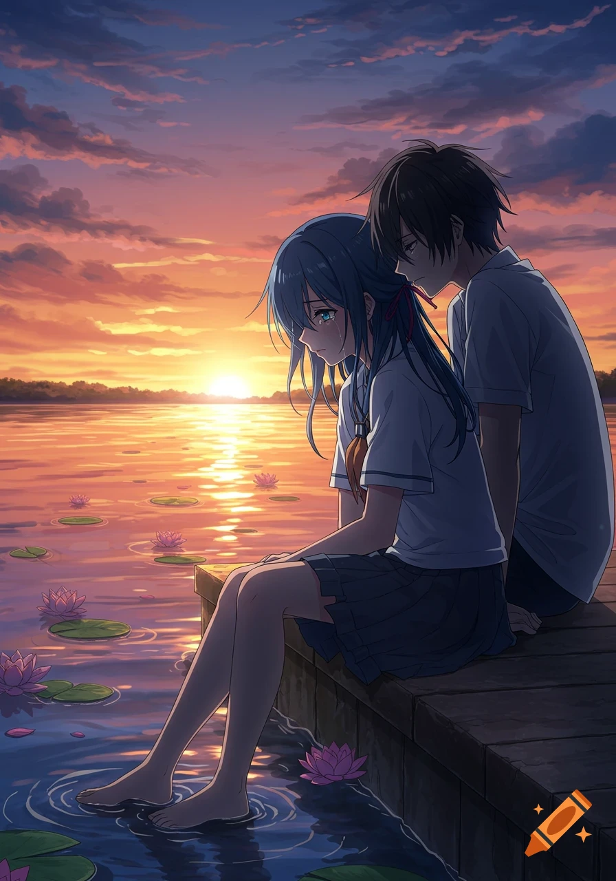 Anime girl crying on a wooden pier with a boy beside her, overlooking a lake with water lilies at sunset.