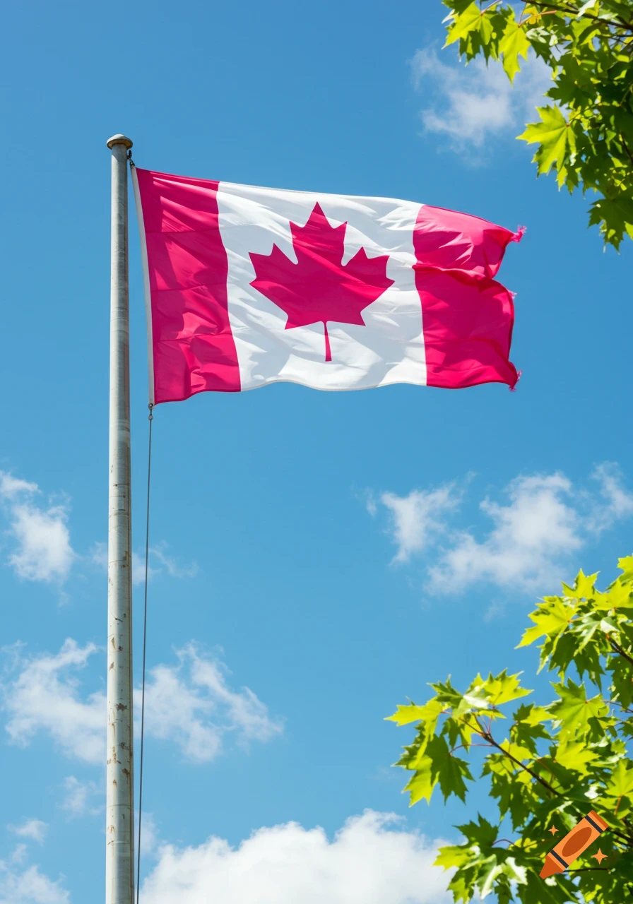A Canadian flag with a red maple leaf and white field waves on a flagpole against a bright blue sky with white clouds and green maple tree leaves.