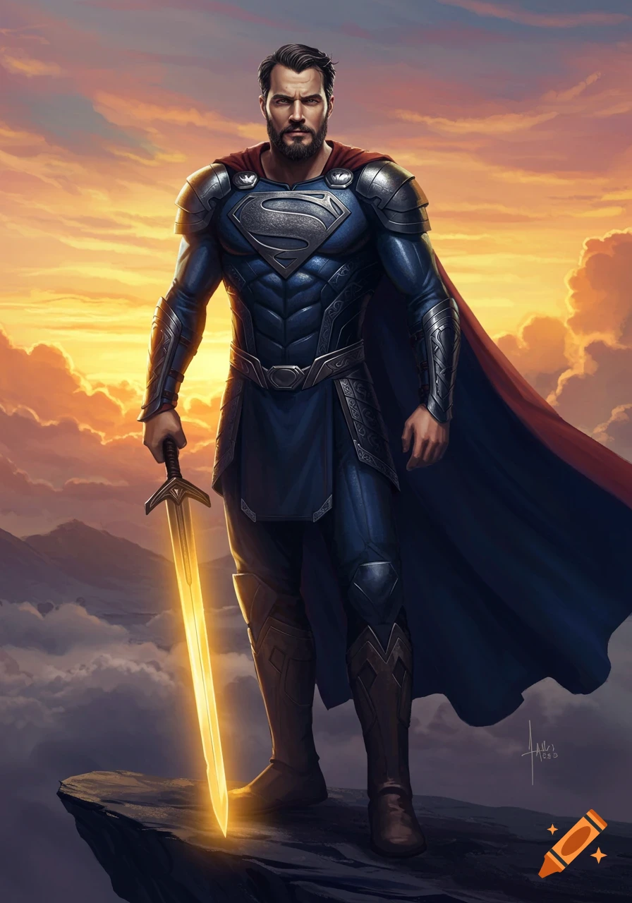 Bearded Superman in dark blue Asgardian armor with a silver symbol stands on a cliff at sunset, holding a glowing golden sword.