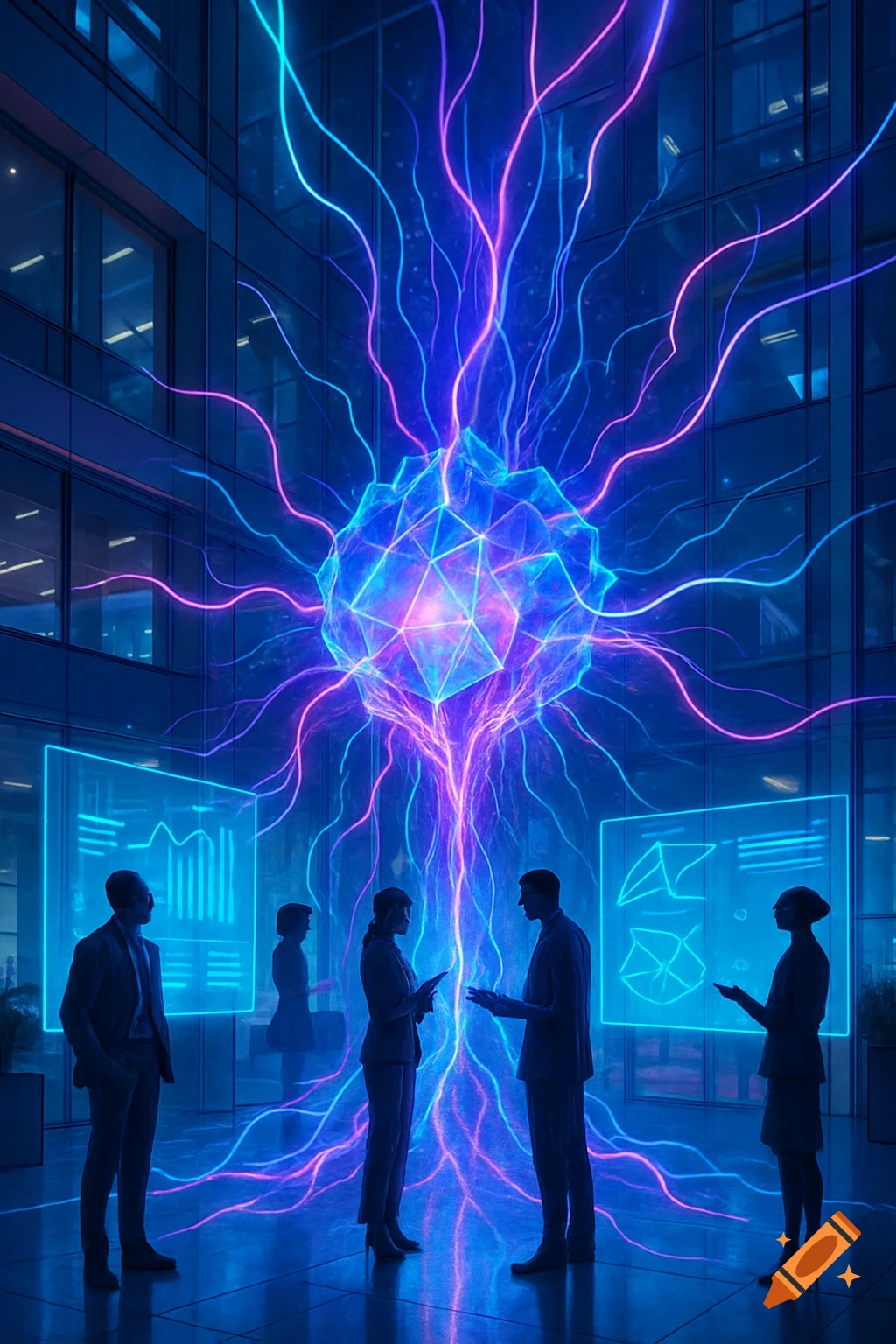 Silhouettes of business people in a modern office, gathered around a large, glowing blue and purple crystalline energy structure emitting neon lines. Digital screens display abstract graphs and charts.