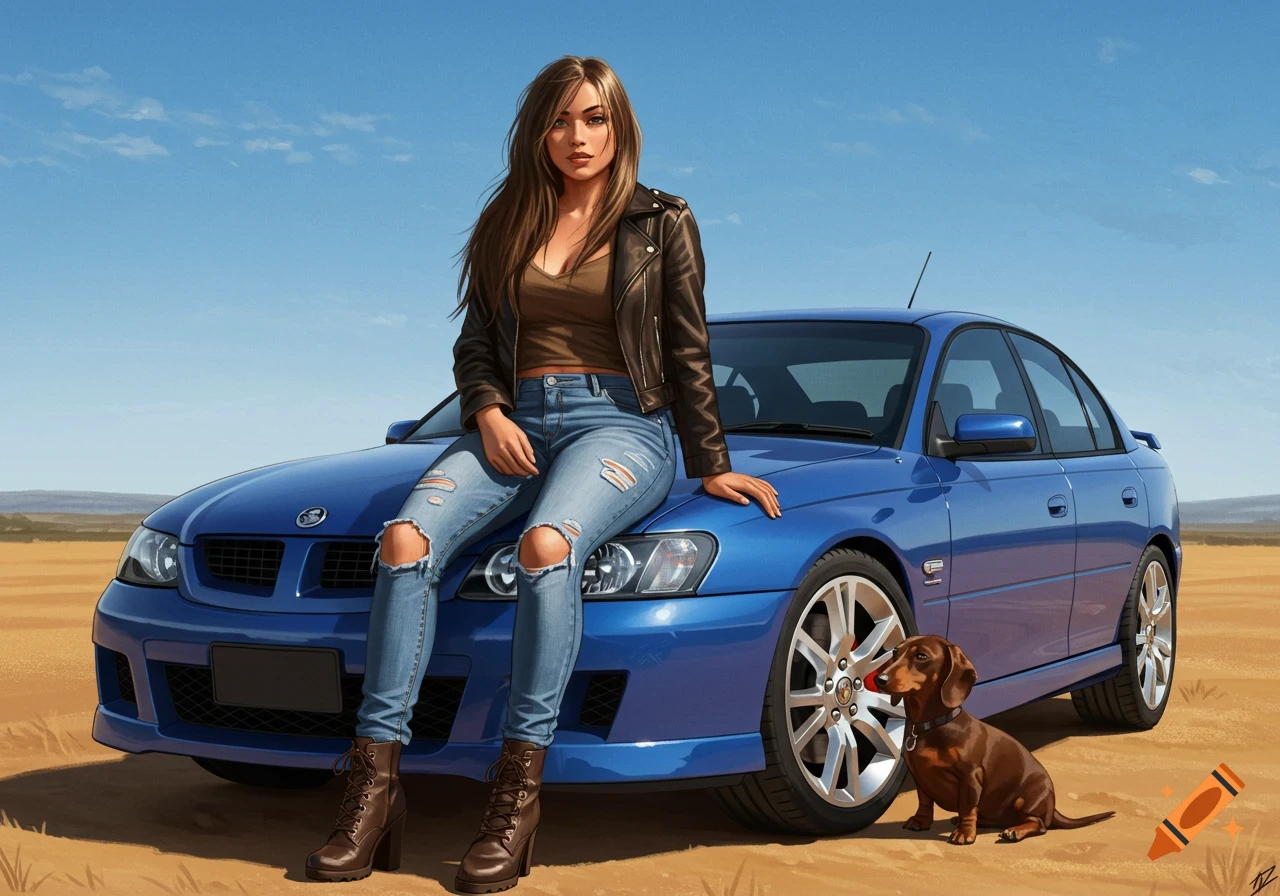 A woman with long brown hair, wearing a leather jacket and ripped jeans, sits on the hood of a blue car in a desert landscape, with a brown dachshund dog standing by the car's wheel.