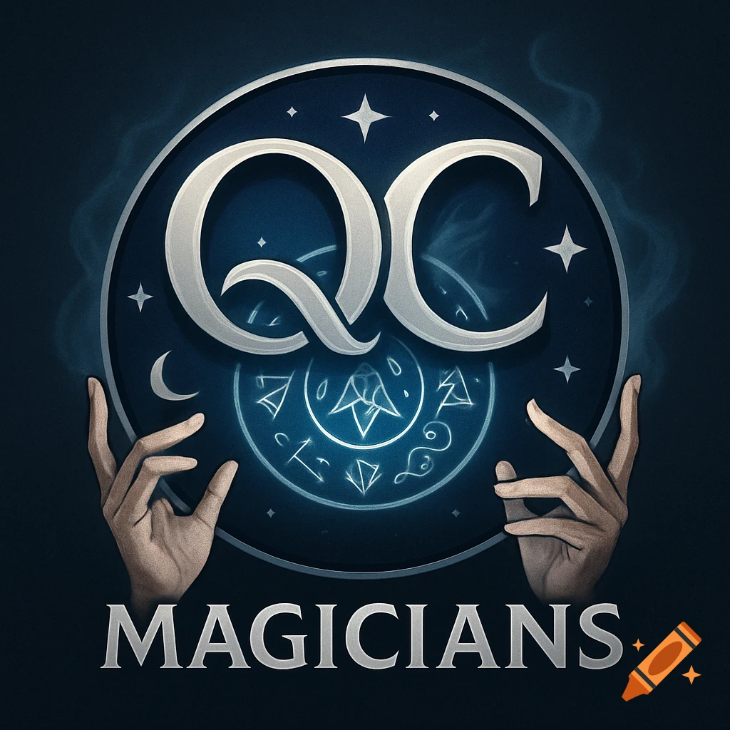 A dark blue team logo with silver 'QC' initials, 'MAGICIANS' text, hands holding a mystical orb with symbols.