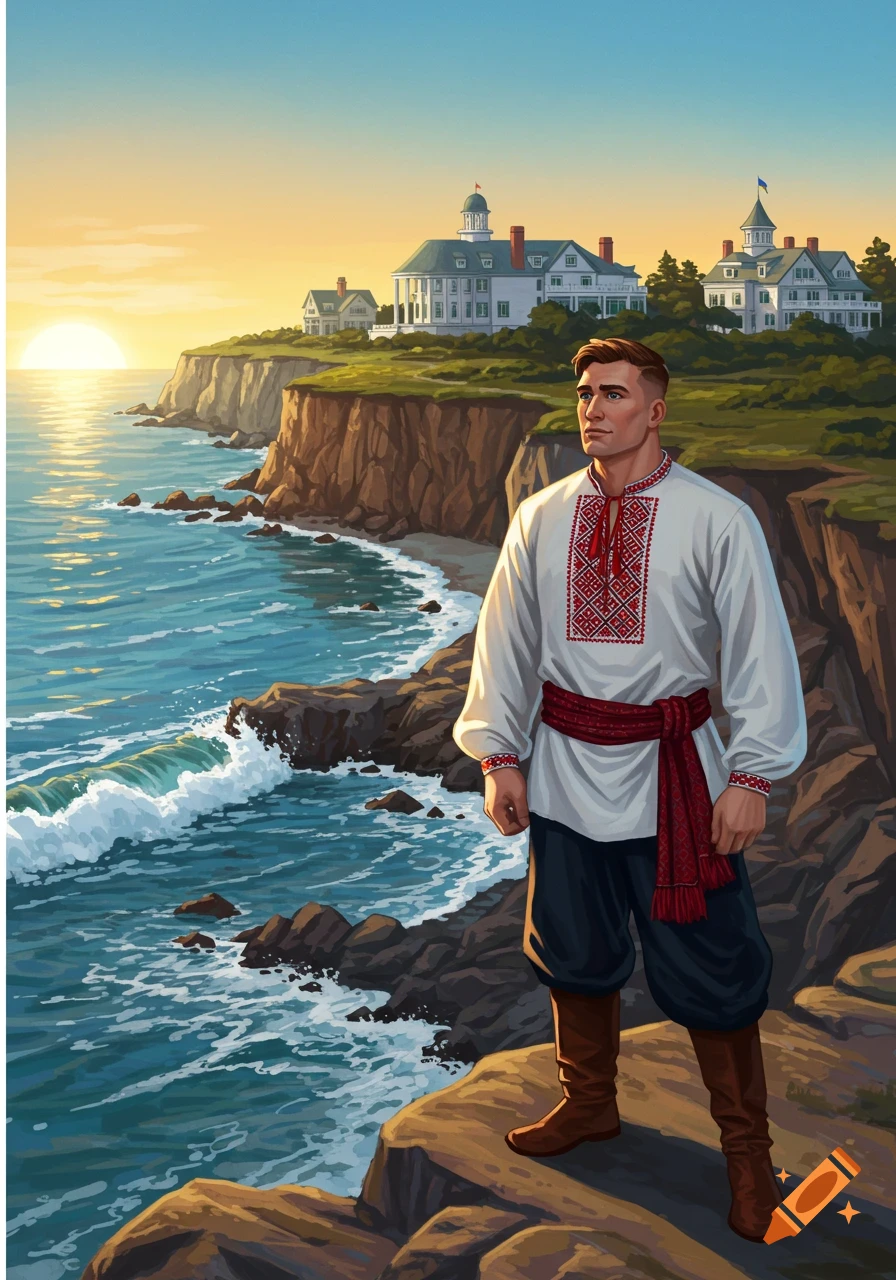 Illustrated Ukrainian man in traditional clothes on a coastal cliff at sunset, overlooking the ocean with houses in background.