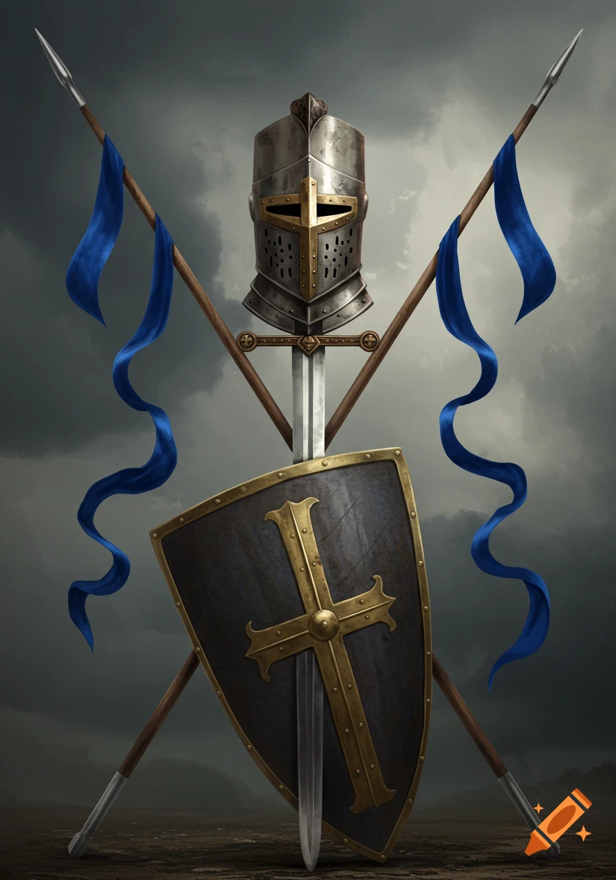 A knight's helmet is centered above a sword and shield, flanked by crossed lances with blue ribbons, against a cloudy sky.