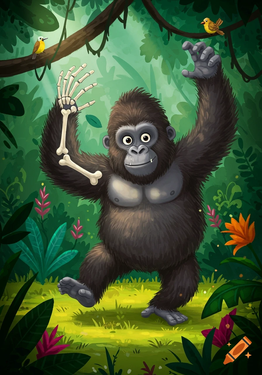 A funny cartoon gorilla stands in a vibrant green jungle, its left arm depicted as a skeleton.