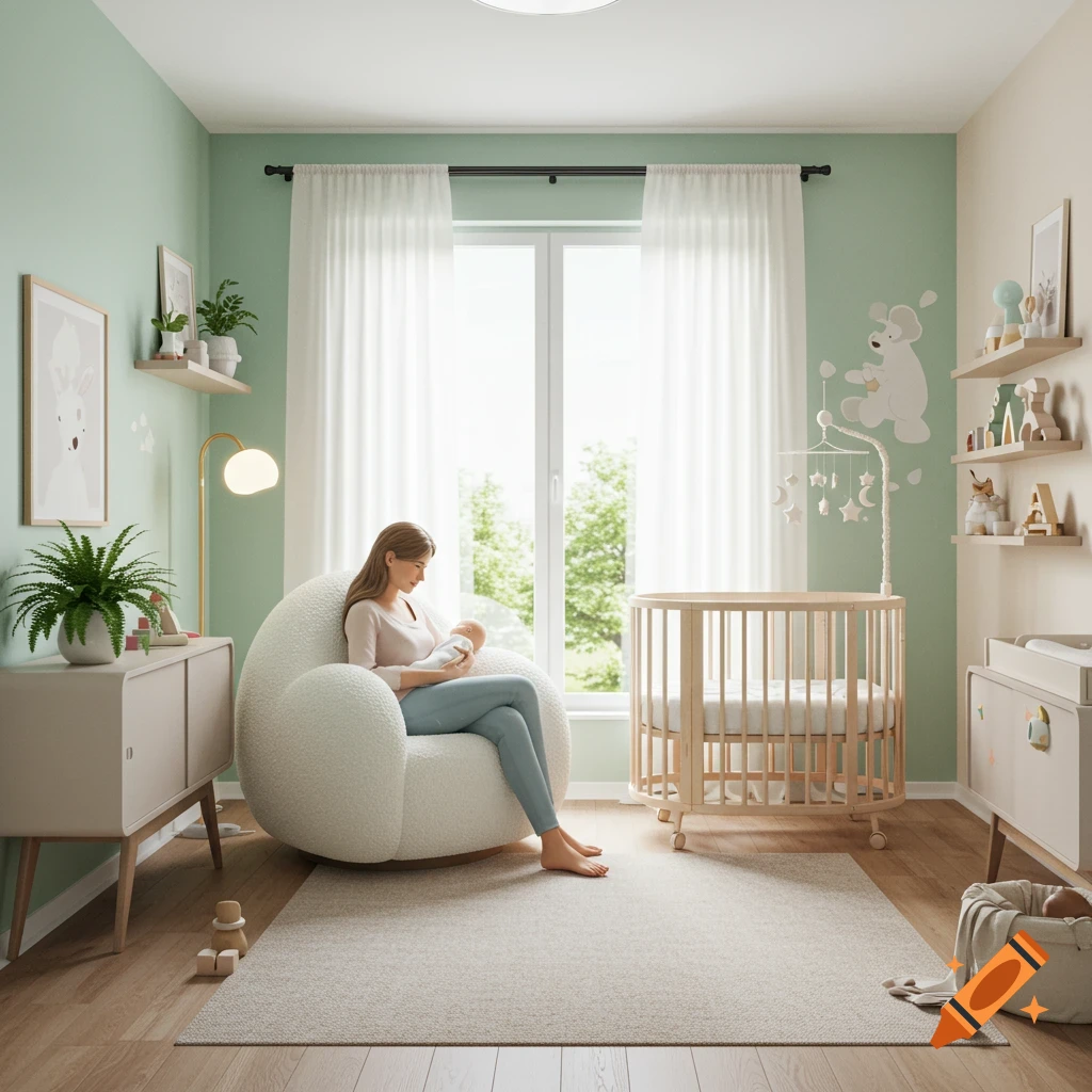 Photorealistic image of a mother holding a baby in a modern nursery with mint green walls and a crib.