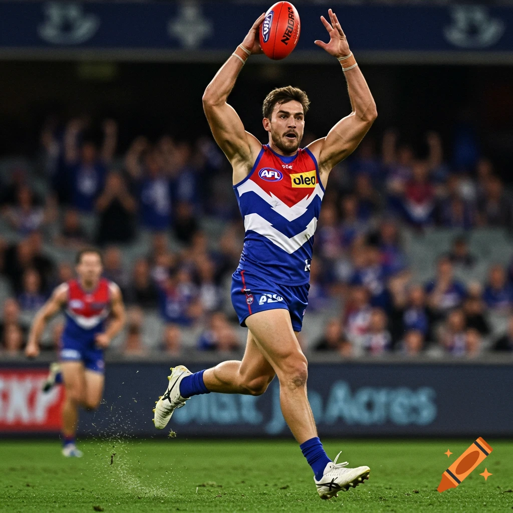 A male AFL player in a blue, red, and white jersey catches a football mid-air on a green field in a stadium, photorealistic.