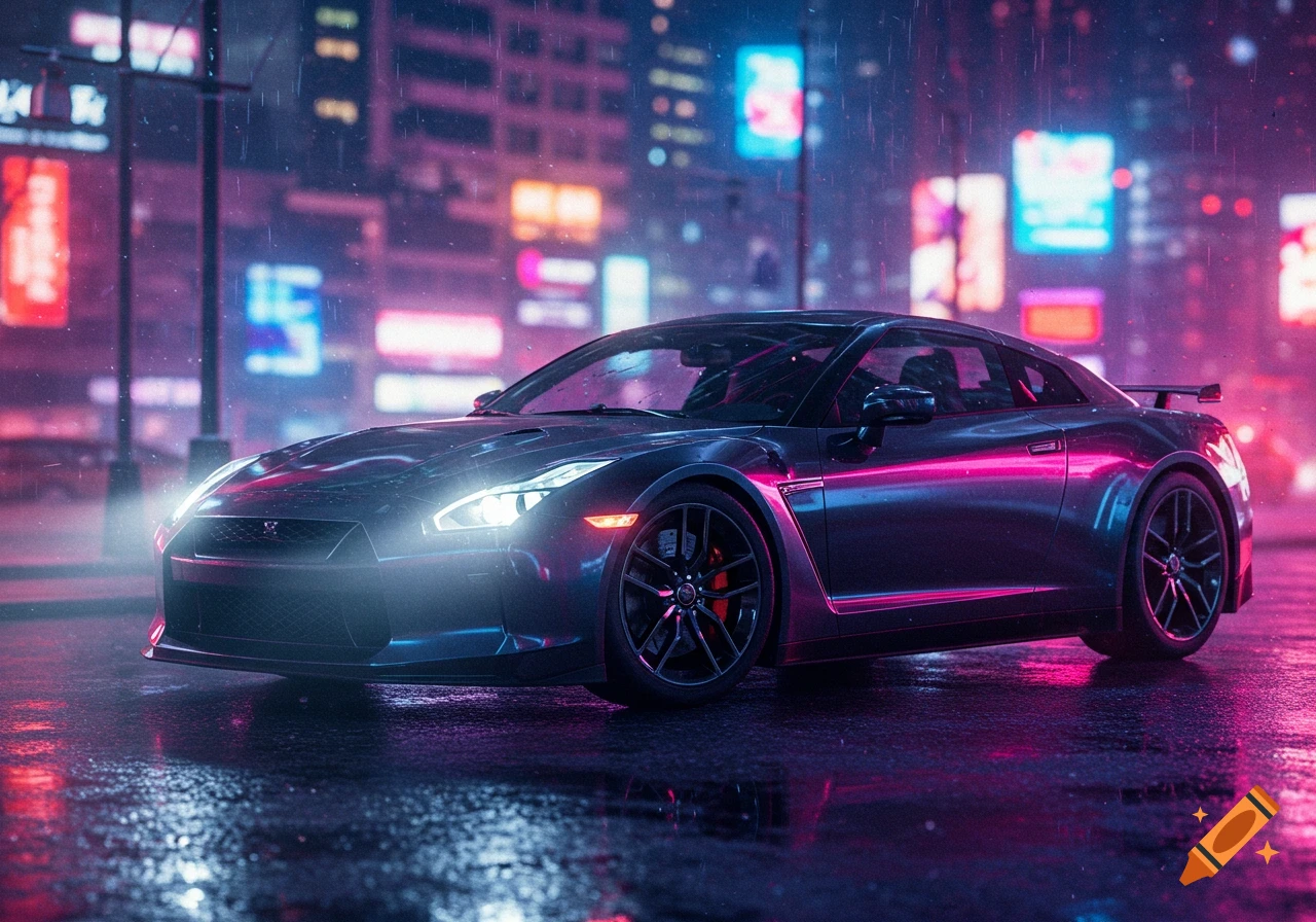 A dark sports car with bright headlights parked on a wet street at night, with blurred neon city lights in the background.