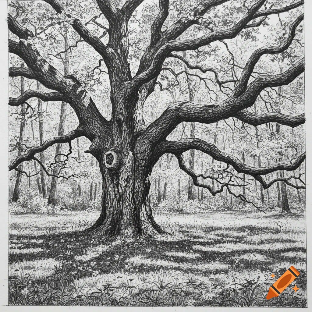 A black and white sketch of a large, old tree with extensive branches in a forest.