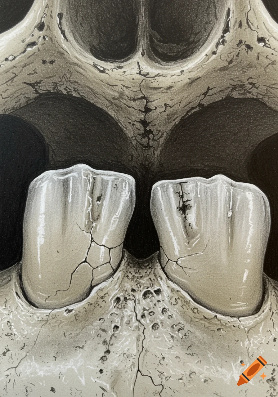 A detailed pencil drawing of two cracked teeth and part of a skull, with deep shadows.