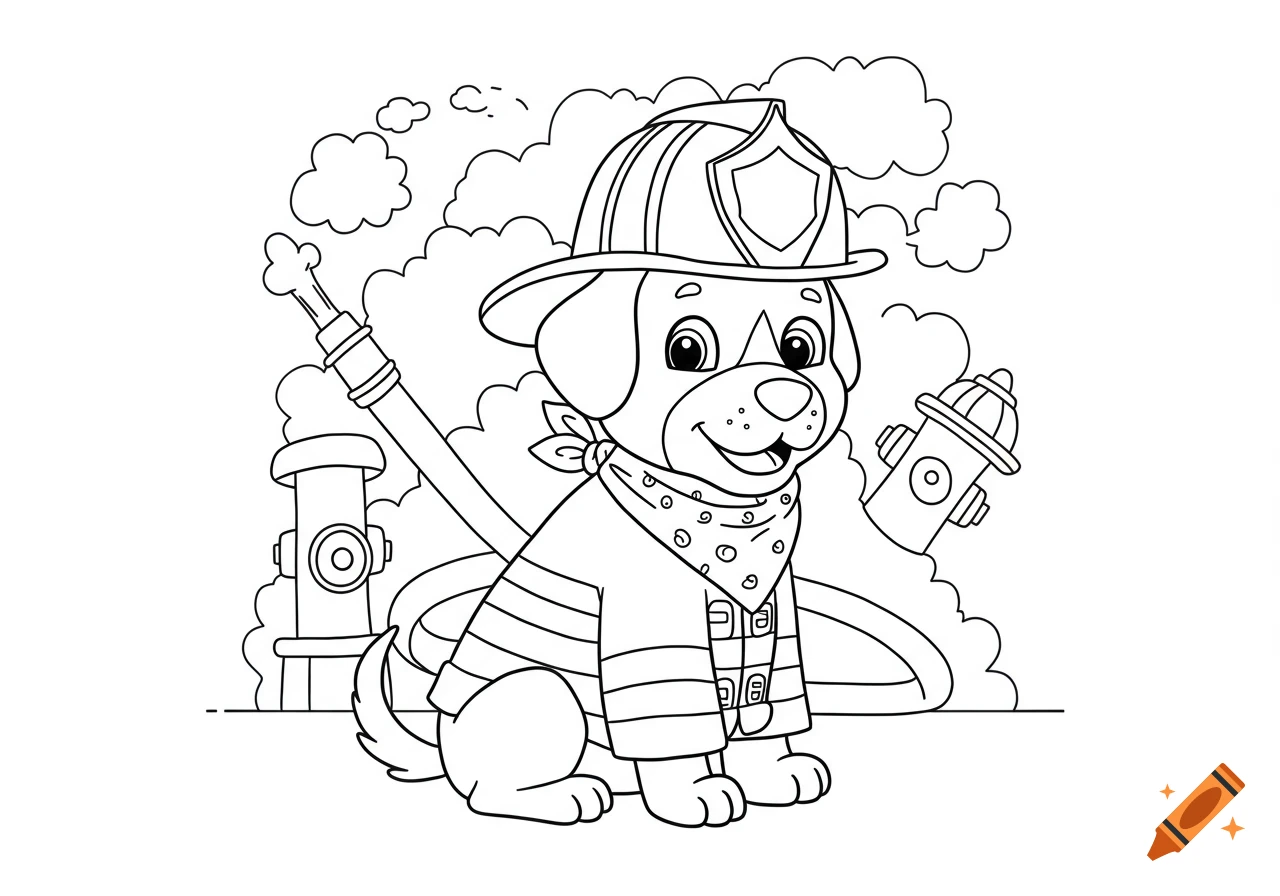 Black and white line art of a cute cartoon dog dressed as a firefighter, sitting with a fire hydrant and hose in the background.