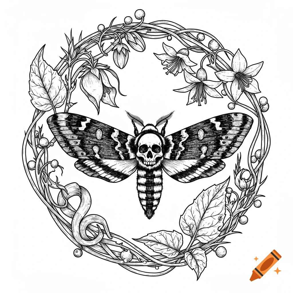 A detailed black and white line drawing of a moth with a skull on its back, surrounded by a wreath of leaves and flowers.