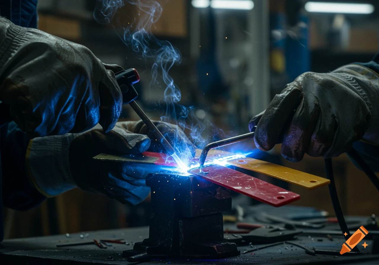 Close-up, photorealistic image of gloved hands welding, with bright sparks and smoke.