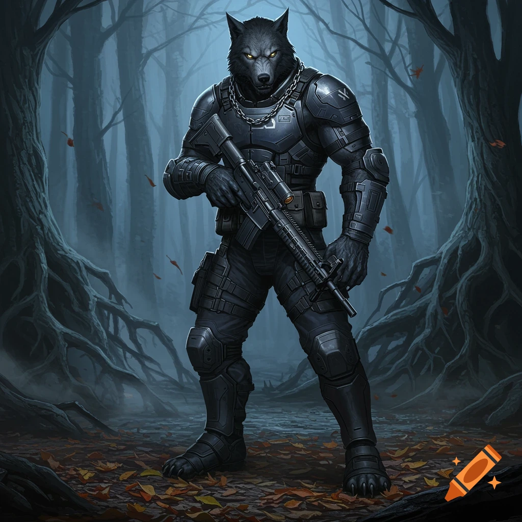 A muscular mercenary werewolf in black tactical gear and a silver chain holds an M4 rifle in a dark, misty forest with autumn leaves on the ground.