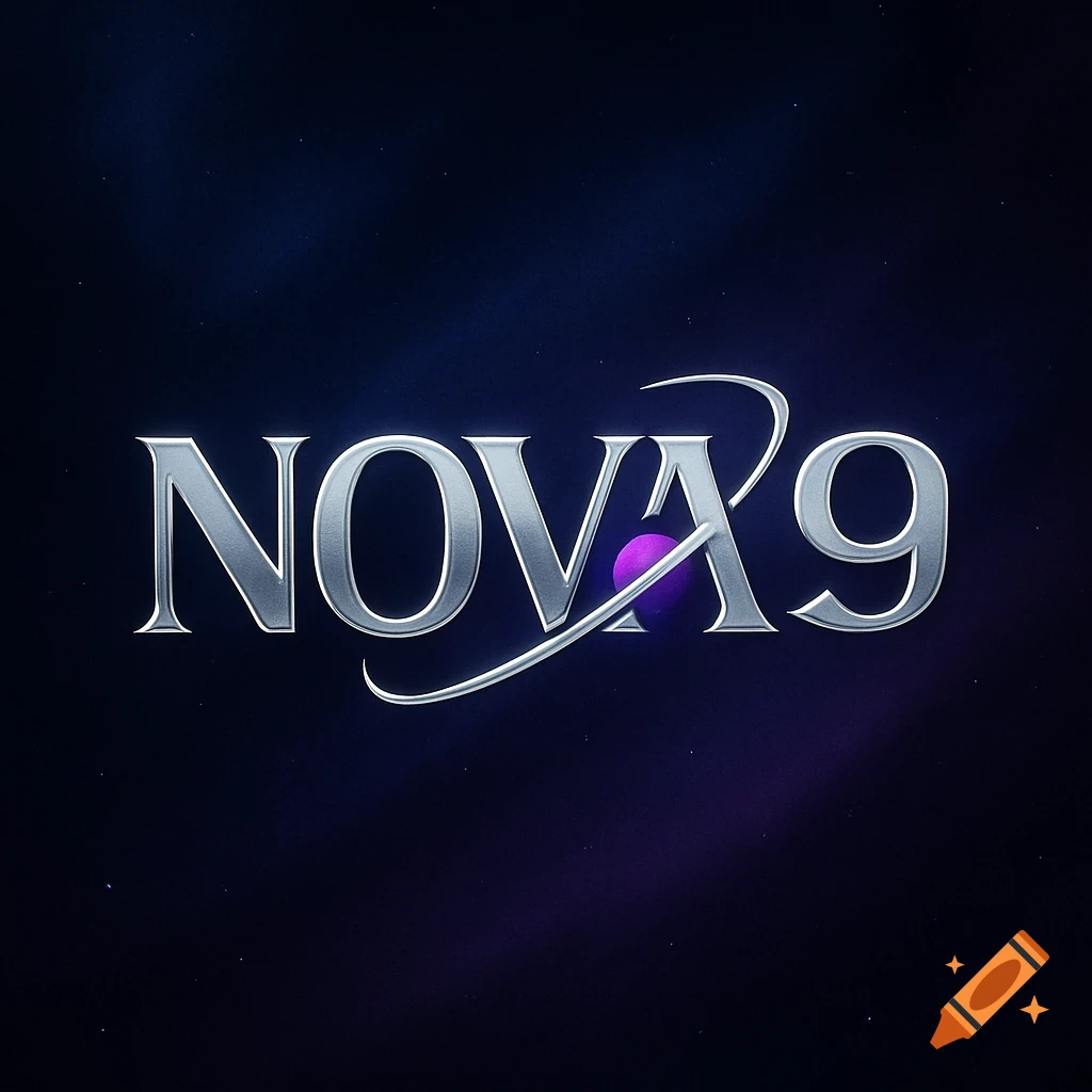 Silver metallic 'NOVA9' logo with a purple orb replacing the 'O' and a stylized arc, set against a dark cosmic background.