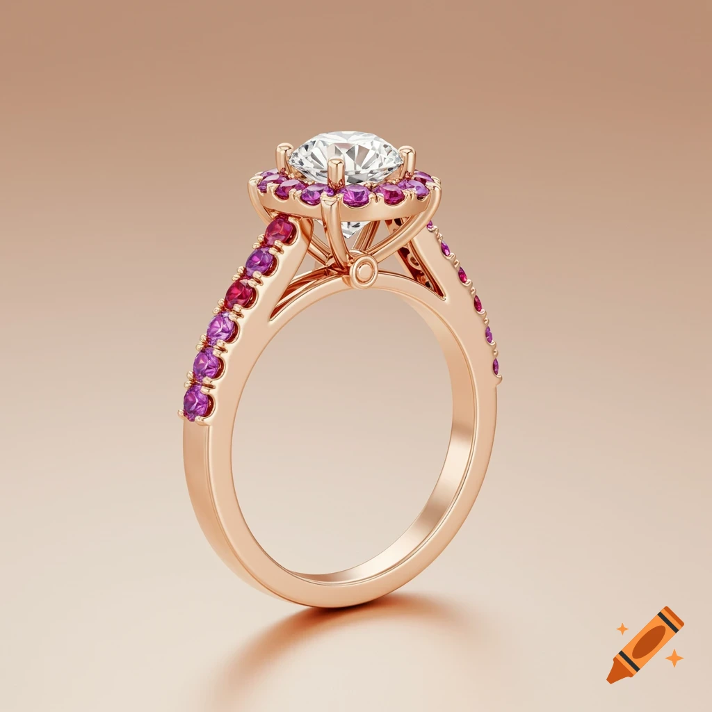 A close-up of a rose gold engagement ring with a large round brilliant diamond surrounded by a halo of small pink and purple sapphires.
