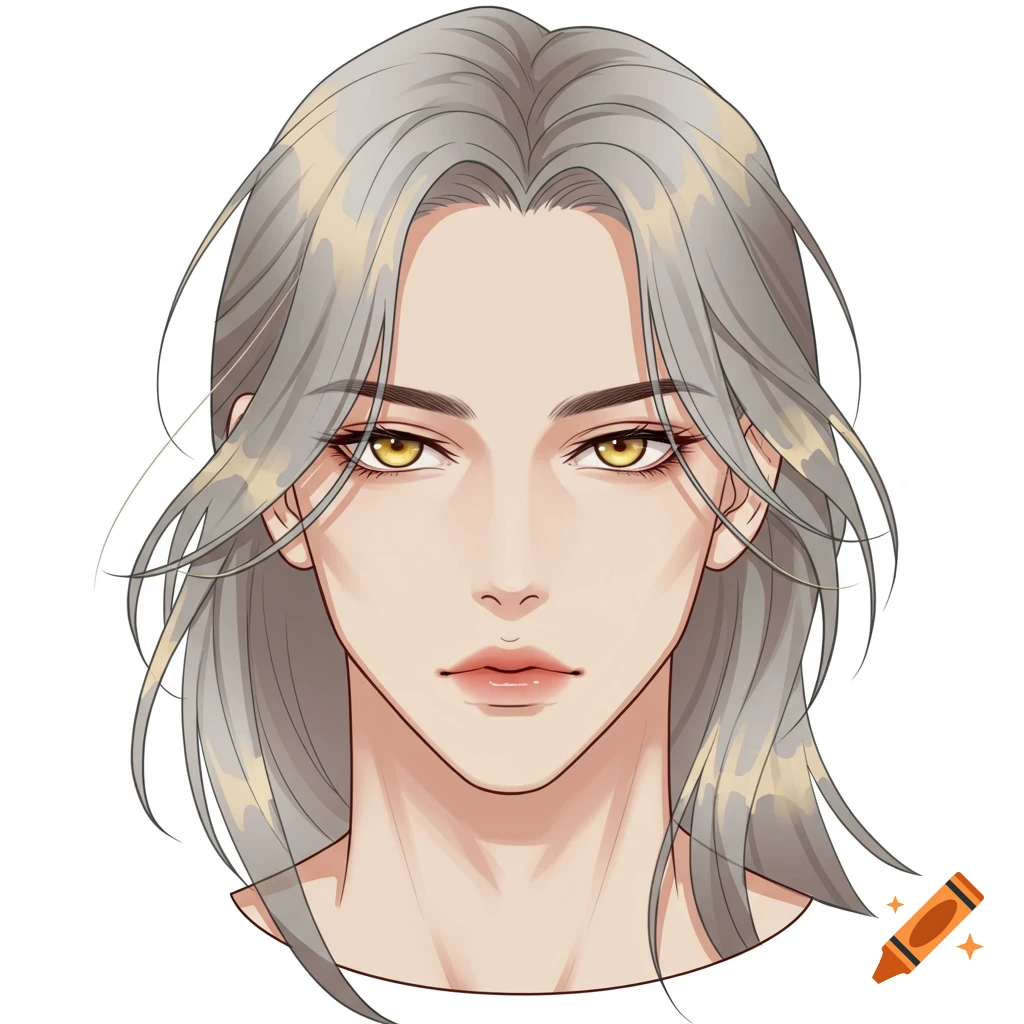 Manhwa style portrait of an androgynous man with long ash-brown hair and golden eyes.