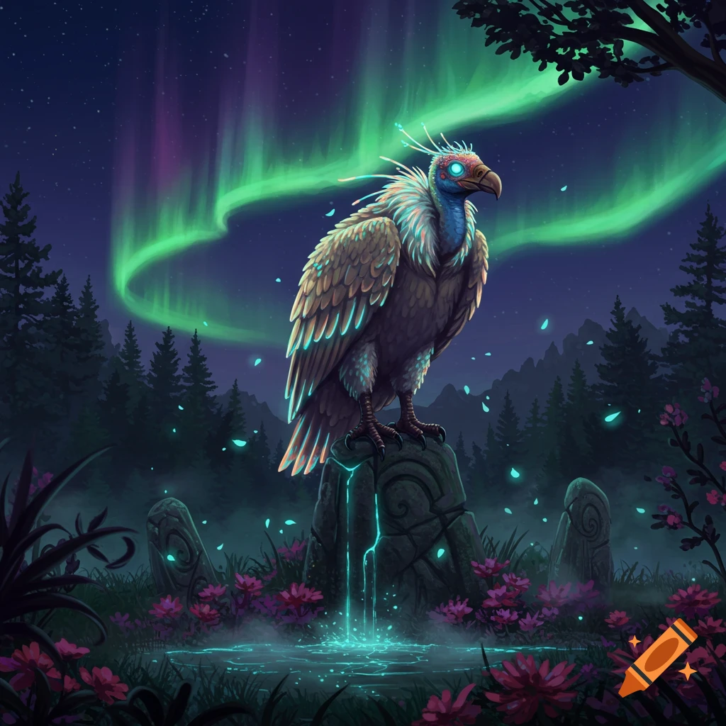 A fantastical glowing bird resembling a vulture perches on a mystical stone in a dark forest under a vibrant aurora borealis.