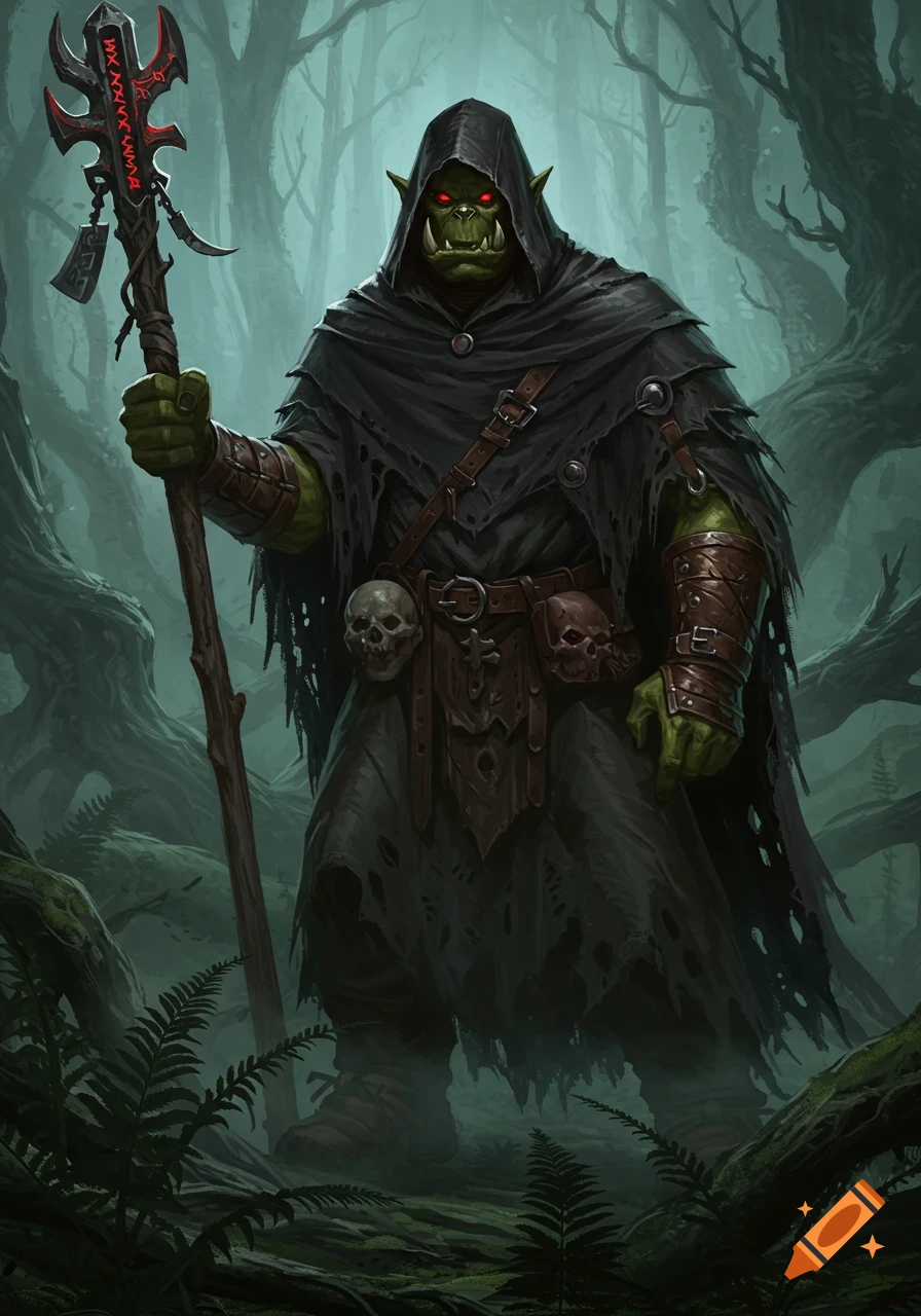 A green-skinned orc in a tattered black cloak and leather armor stands in a dark, misty forest, holding a staff with glowing red runes. His eyes glow red.