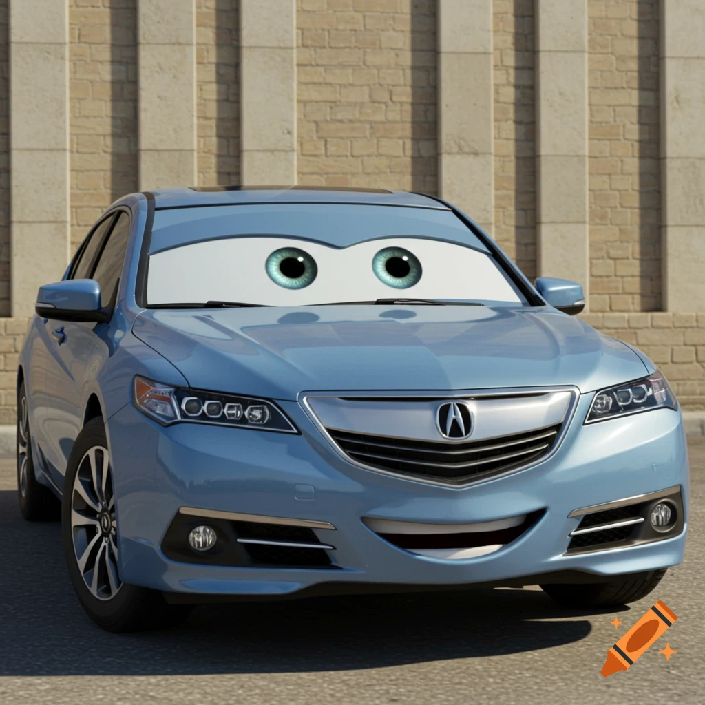 A light-blue 2015 Acura TLX car, in the style of Pixar Cars, with cartoon eyes and a smiling mouth, parked against a wall.