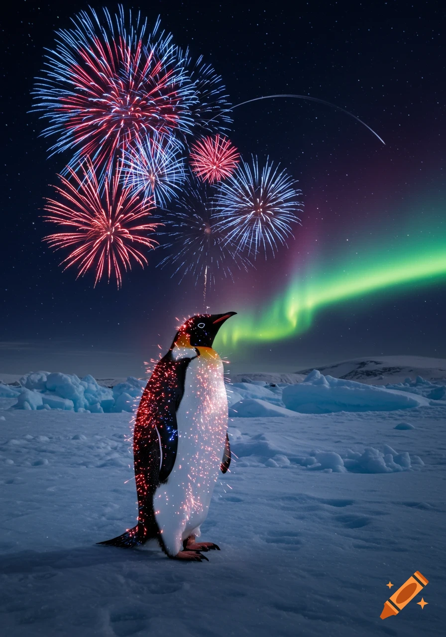 A penguin stands on snow, sparkling with red and white lights, looking up at fireworks and a green aurora borealis in the night sky over icy terrain.