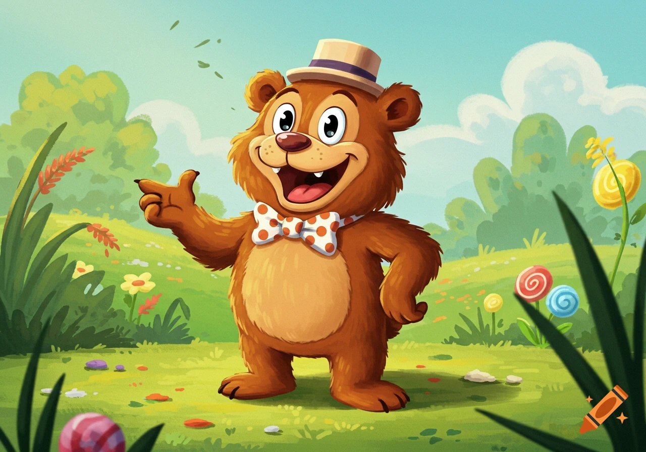 A happy cartoon brown bear wearing a hat and a polka dot bowtie, pointing in a green field with colorful lollipops.