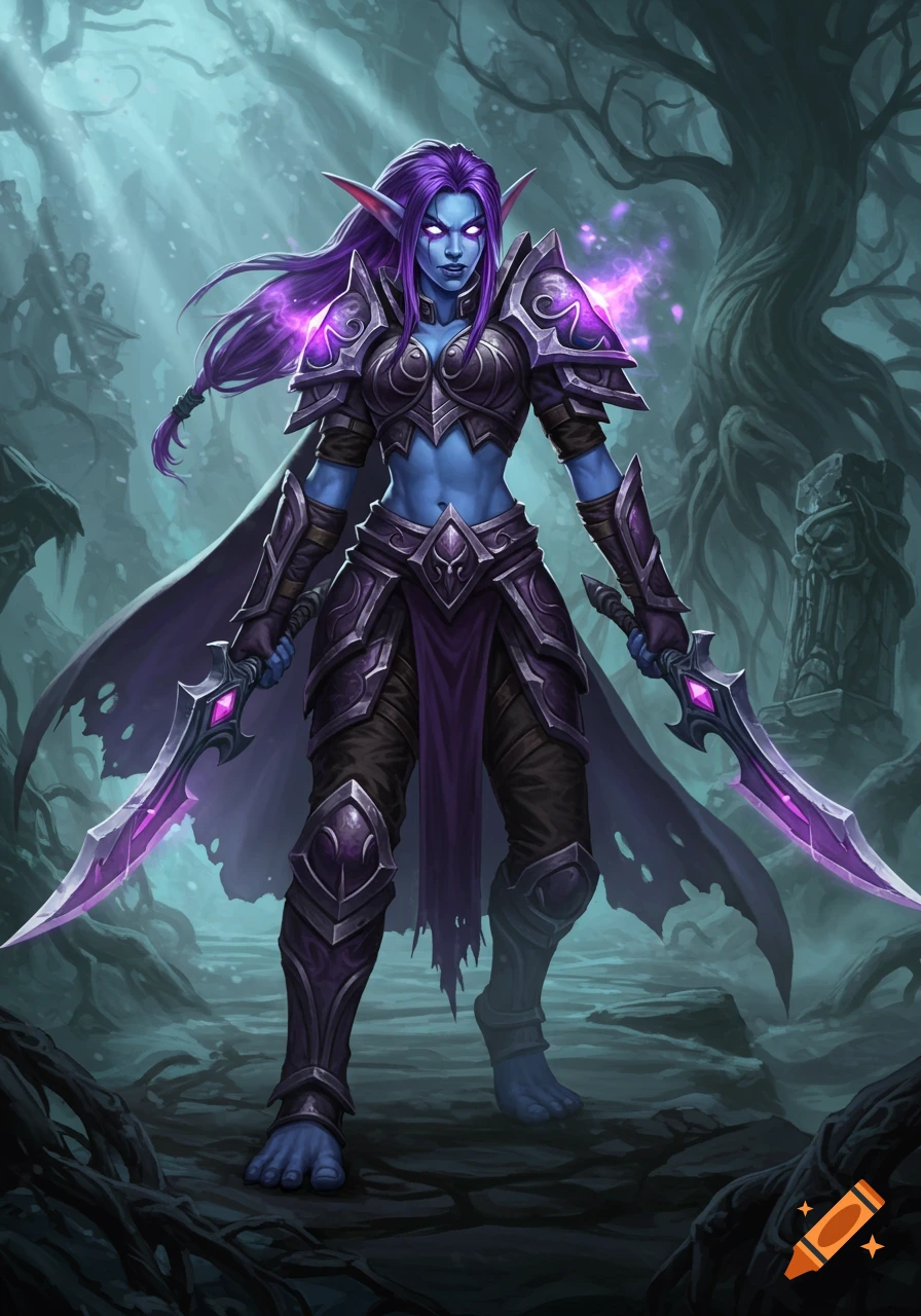 A stylized fantasy warrior with purple skin, long purple hair, and glowing eyes, wearing dark purple and silver armor and holding two glowing purple swords, stands in a dark forest setting.