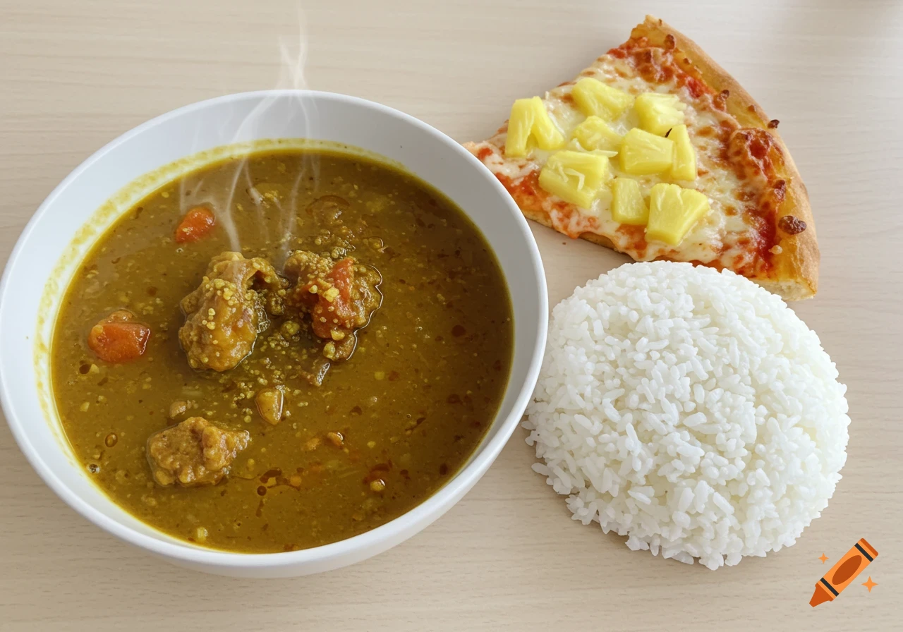 A bowl of steaming curry with rice and a slice of pineapple pizza on a wooden table.