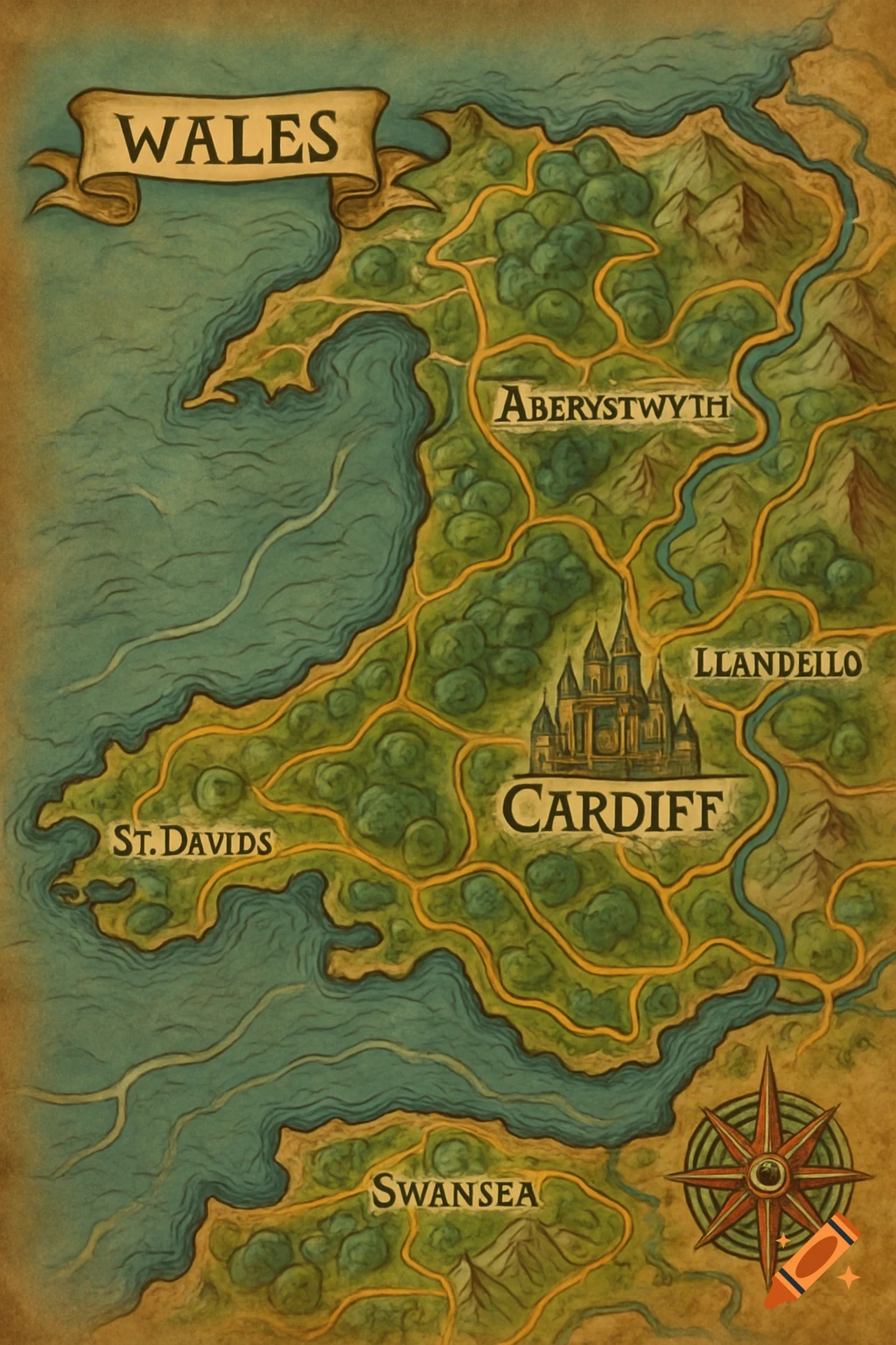 A stylized fantasy map of Wales in the style of World of Warcraft, featuring green land, blue seas, mountains, rivers, and golden roads connecting cities like Cardiff, Swansea, and Aberystwyth.