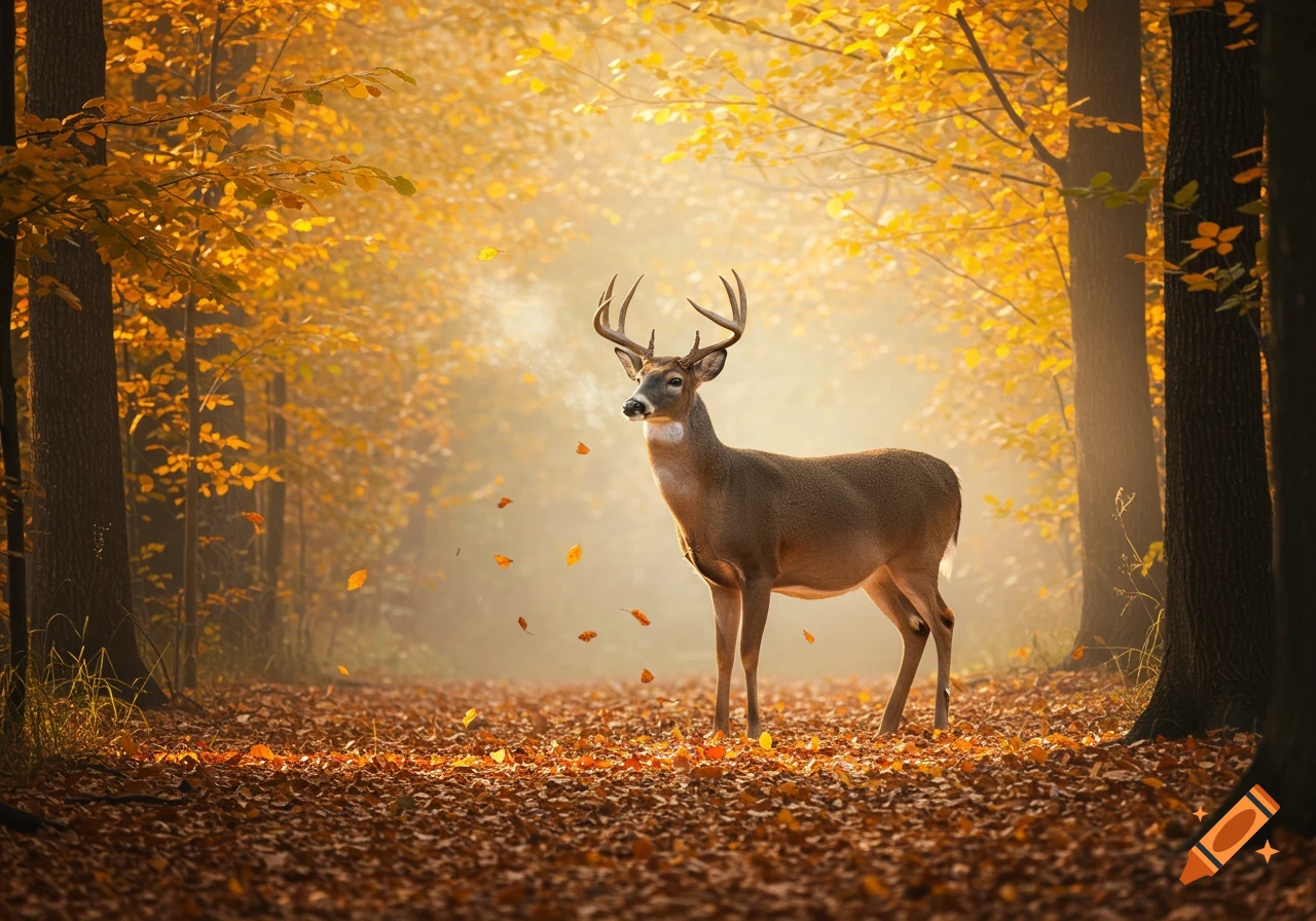A majestic stag stands among fallen leaves in a sunlit autumn forest, with trees and golden foliage.