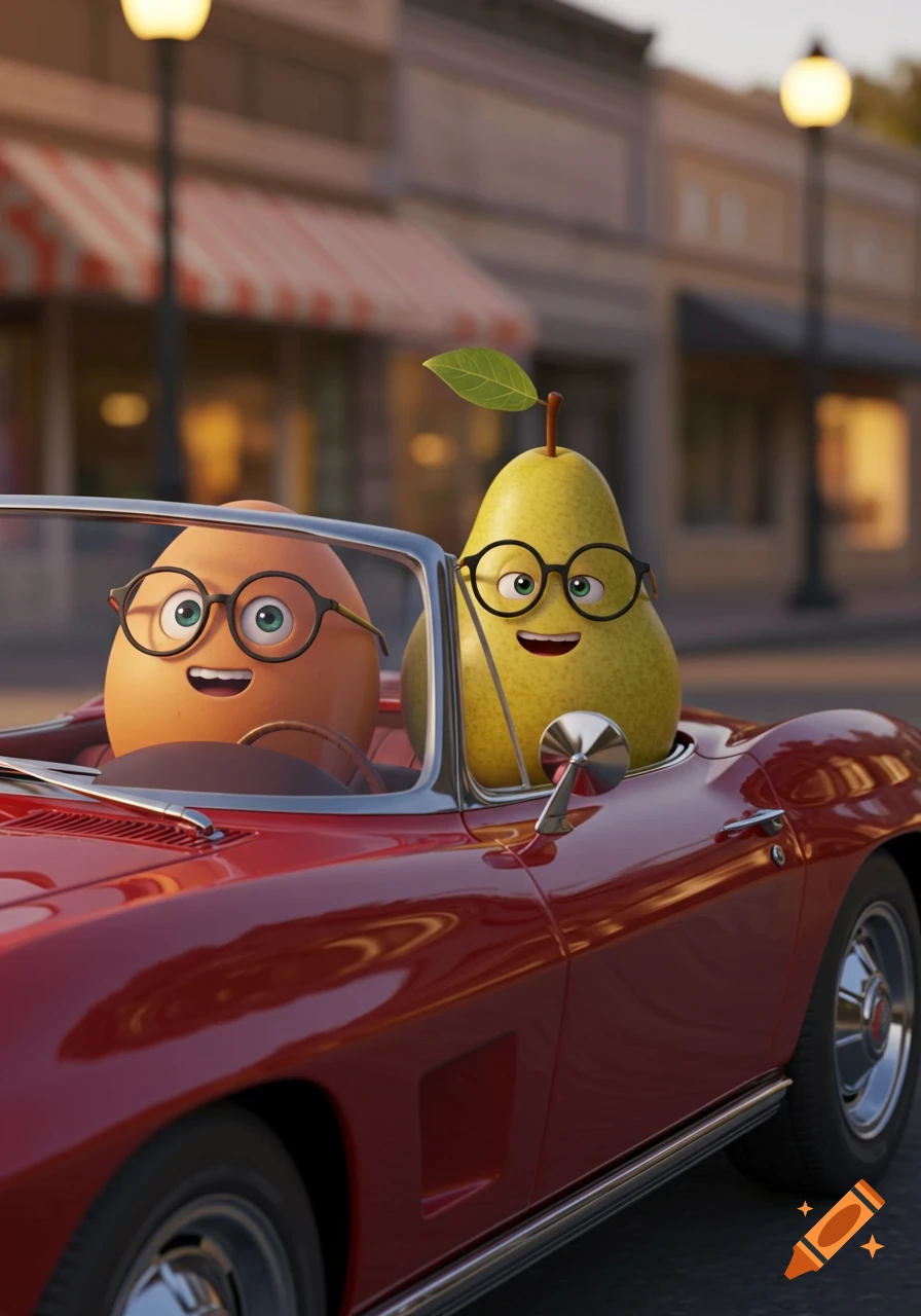 A cartoon egg and pear wearing glasses drive a red vintage convertible car down a street with buildings.