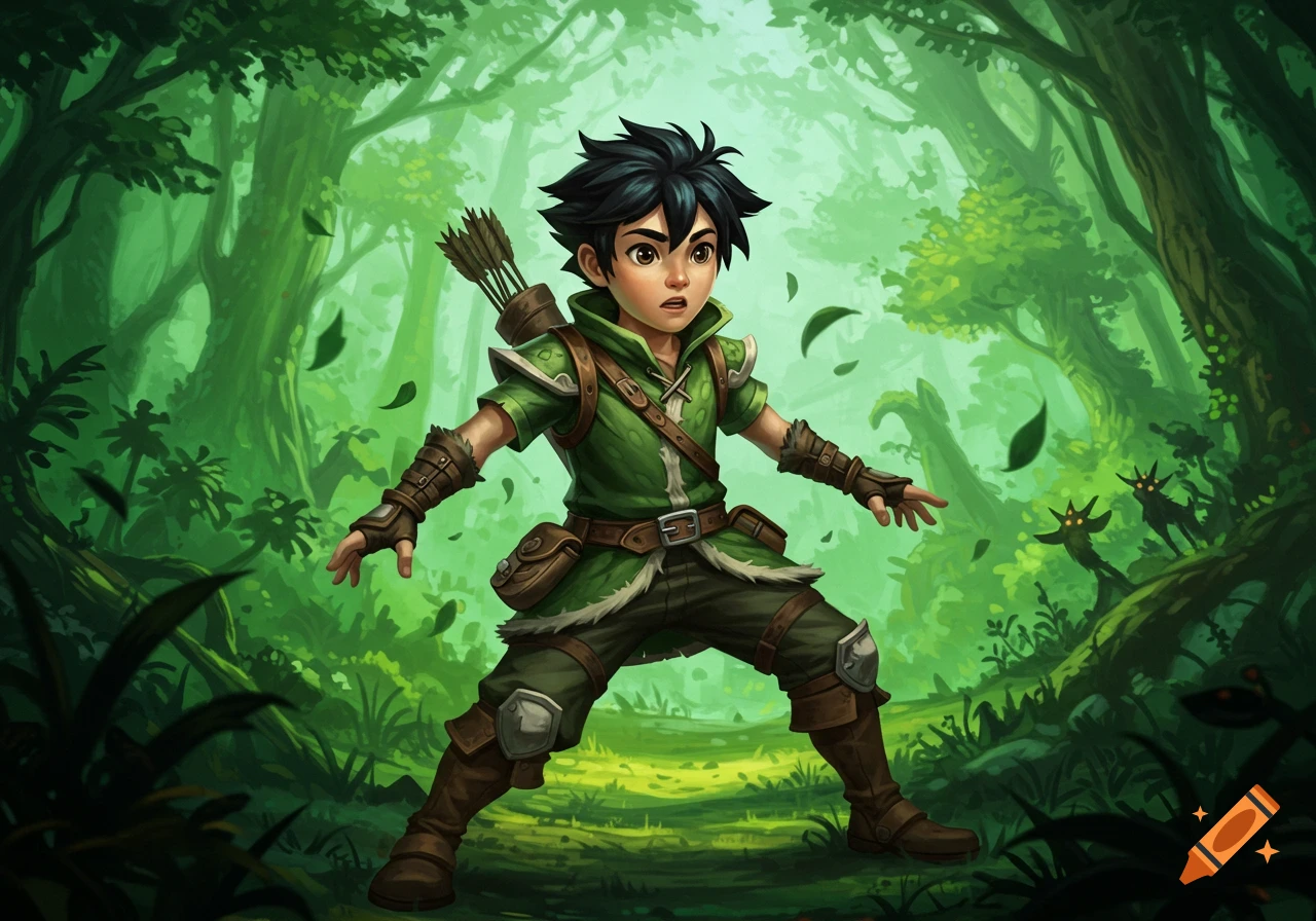 A young boy dressed as an adventurer, with a bow and quiver, stands ready in a lush green fantasy forest.