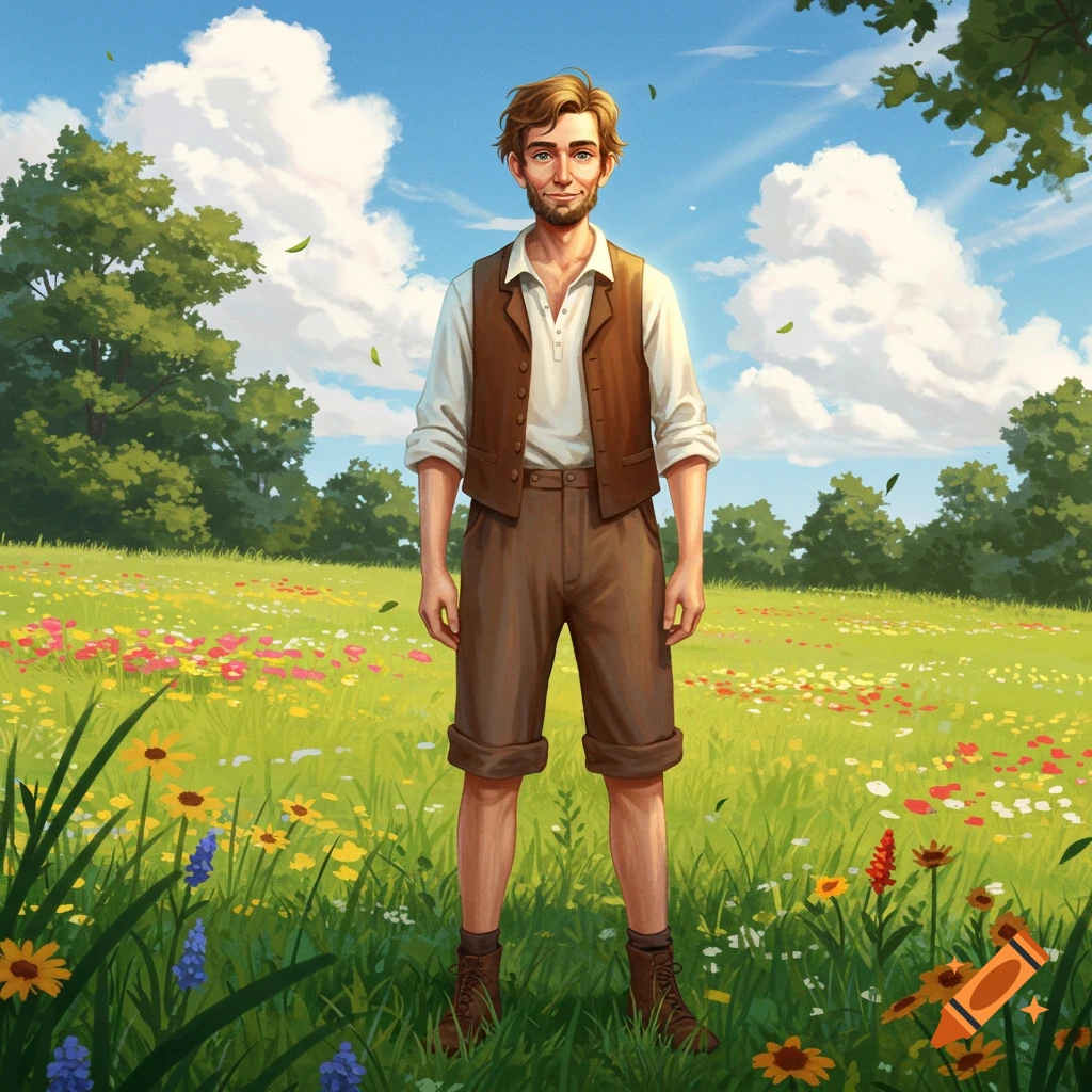 An illustration of a young Abraham Lincoln-like man with a beard, in a vest and short pants, standing in a vibrant wildflower field.