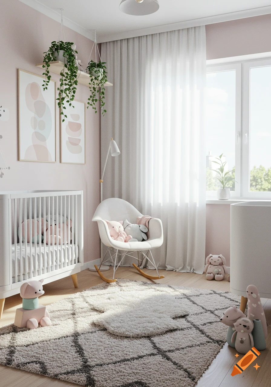 A bright, modern baby room with a white crib, rocking chair, potted plants, and various plush toys, featuring light pink walls and a large window.