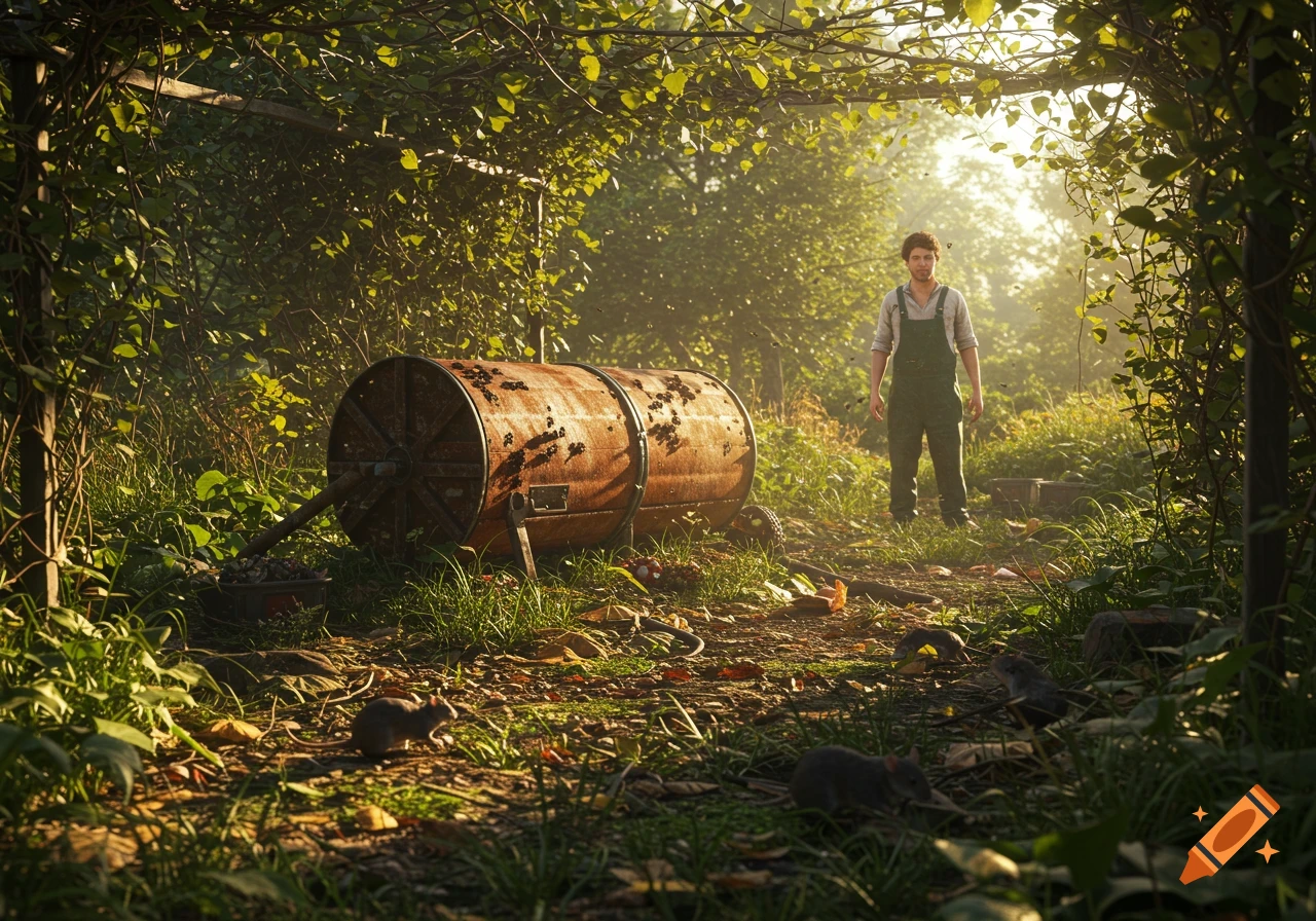 Photorealistic image of a man in overalls standing by a rusty compost tumbler in a sunny, overgrown garden with rats and swarming flies.