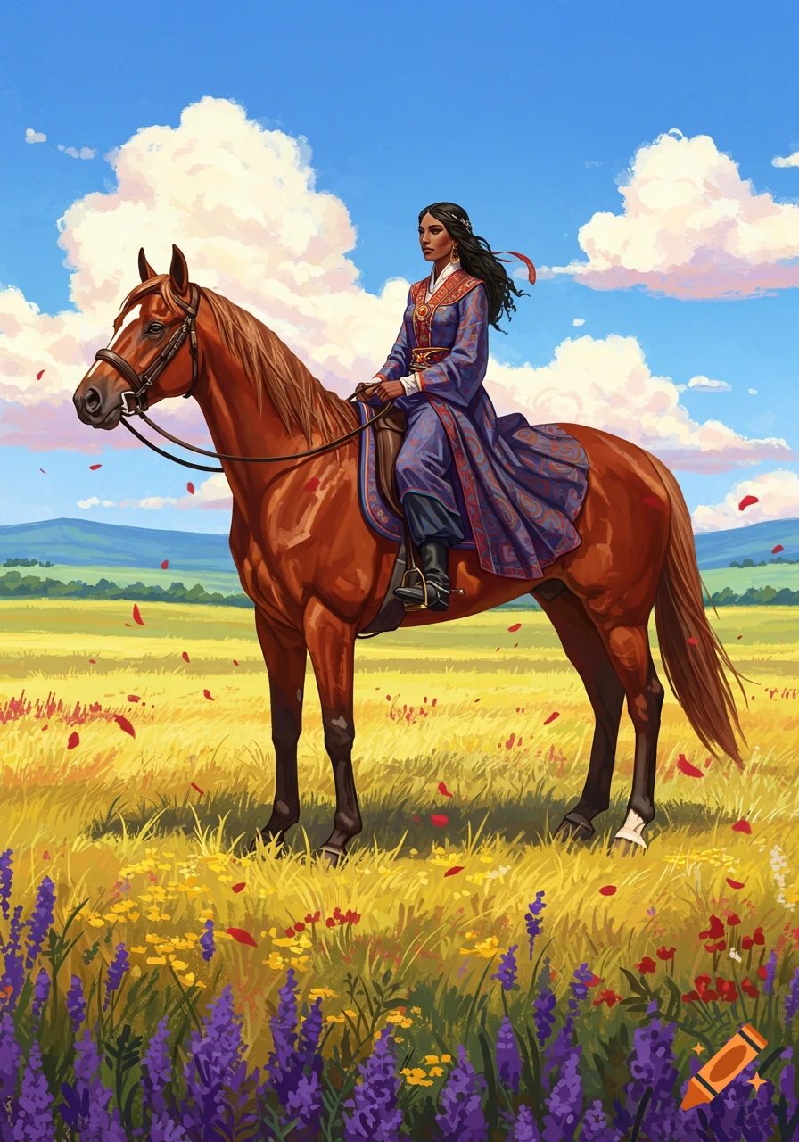 An illustration of a woman with dark hair in a flowing purple and red ornate dress riding a brown horse through a field of yellow and purple flowers under a blue sky.