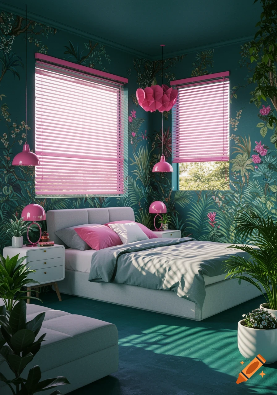 A vibrant bedroom with dark turquoise walls, jungle wallpaper, hot pink blinds, a gray bed with pink pillows, and green plants.
