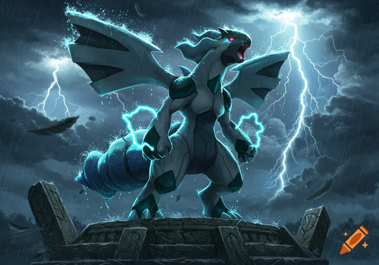 Zekrom, a black and gray dragon-like Pokémon, stands on ruins amidst a dramatic thunderstorm with bright lightning.