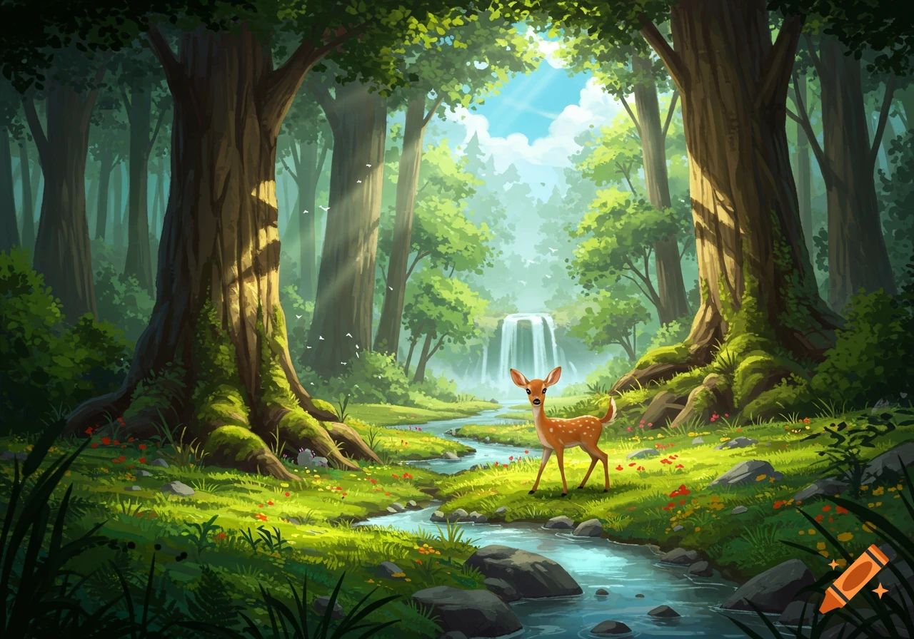 A vibrant cartoon forest scene with a fawn by a stream, sun rays through tall trees, and a waterfall.