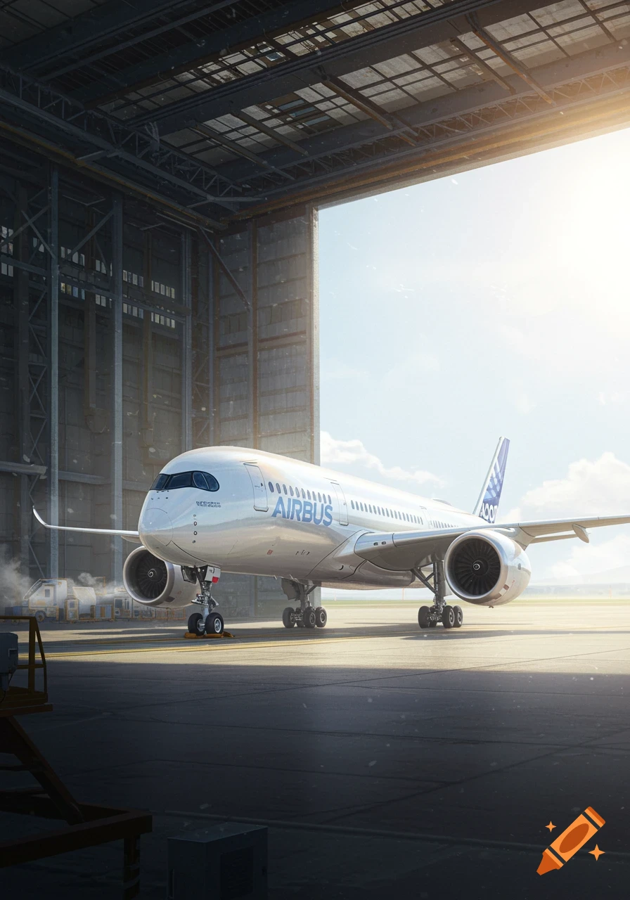 A photorealistic image of a white Airbus A350-1000 airplane parked inside a large hangar with sunlight streaming in.