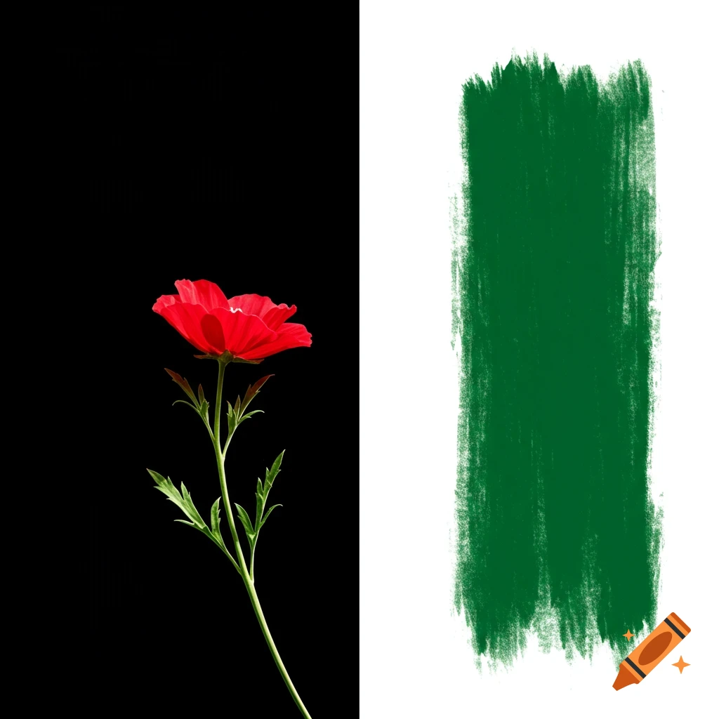 A red flower with a stem and leaves against a tripartite background of black, white, and a green brushstroke.