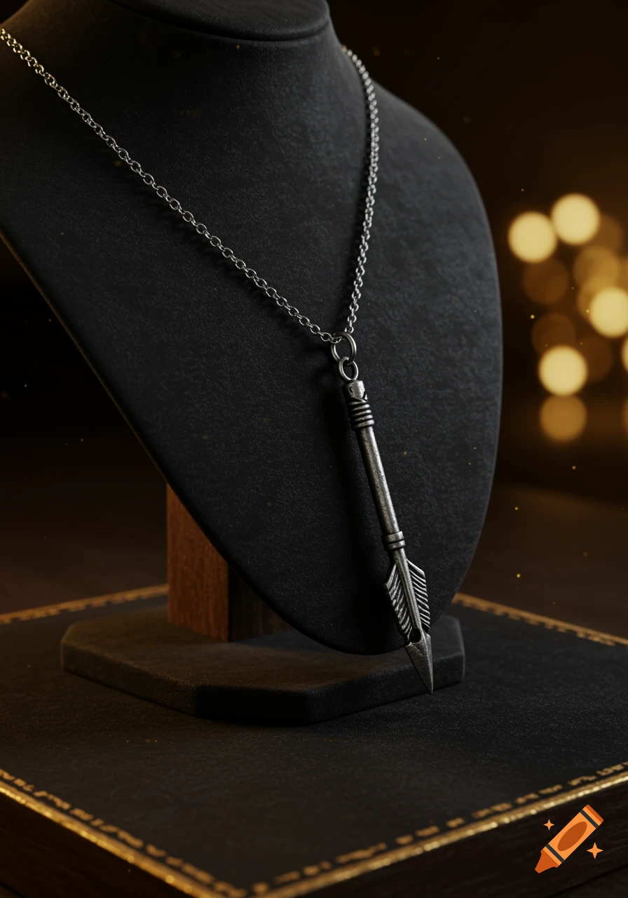 A silver metal chain necklace with an arrow-shaped pendant displayed on a black velvet jewelry stand against a blurred background.