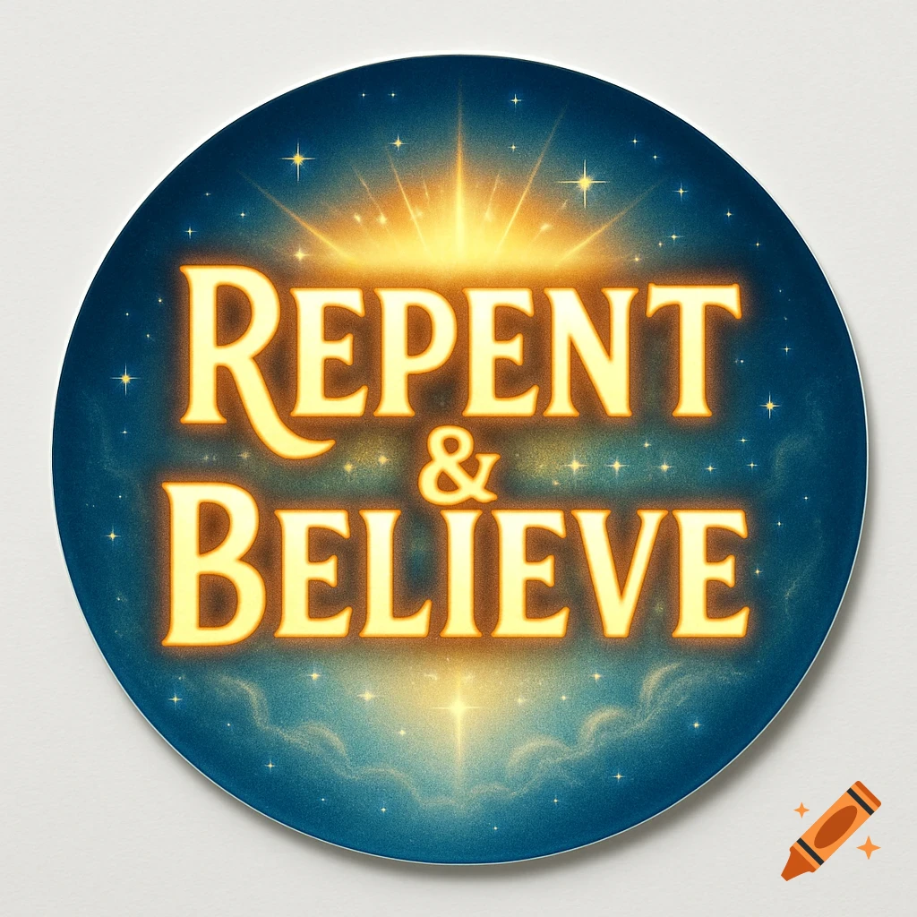 A circular sticker with the words "REPENT & BELIEVE" in glowing orange text against a dark blue starry background.