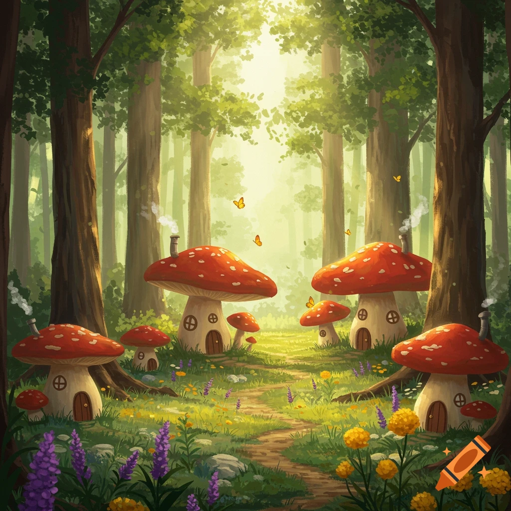 A whimsical illustration of a sun-dappled forest with a path winding through mushroom houses, flowers, and butterflies.