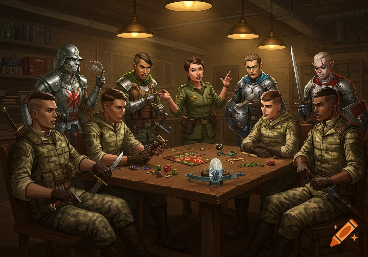 Diverse group of army officers, some in fantasy armor, playing a tabletop role-playing game in a dimly lit basement.
