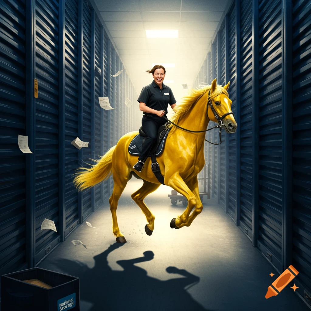 A smiling woman on a golden horse gallops through a long aisle of storage units, with papers floating around her.