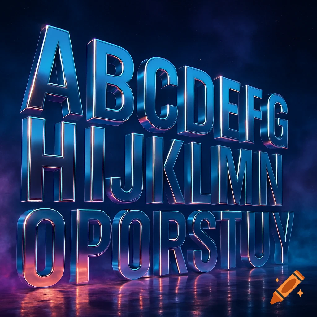 3D metallic blue alphabet letters A-U with pink reflections on a dark, smoky background.